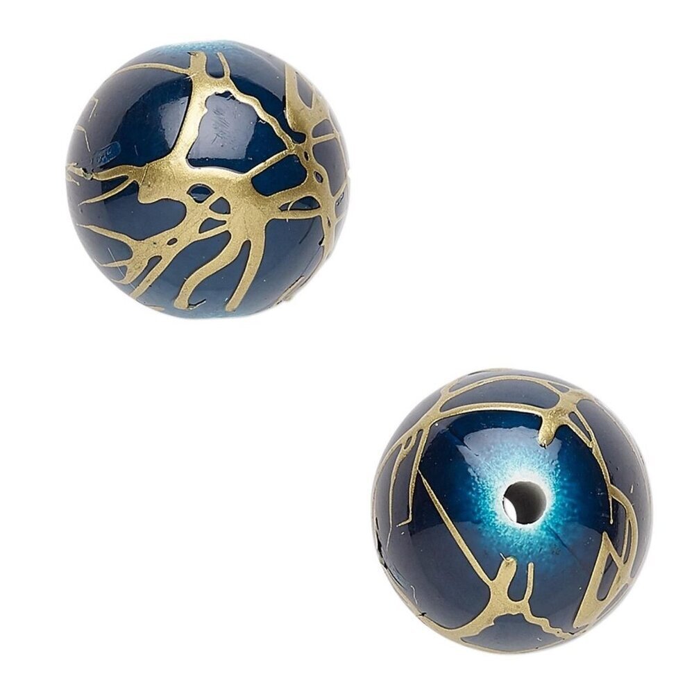 Vintage Dark Blue Gold Swirls 18mm Round Retro Focal Beads 10 pcs